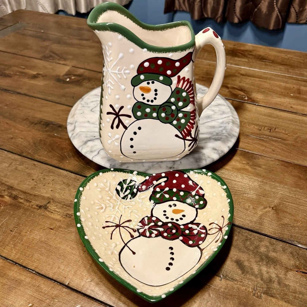 VTG 2000 Y2K Expressly Yours Snowman Christmas Holiday Pitcher & Heart Plate